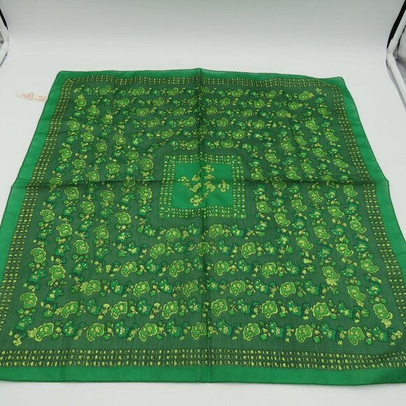 Vintage Scarf Green Floral Polyester 22" Hemmed Square Made In Italy - Picture 1 of 7